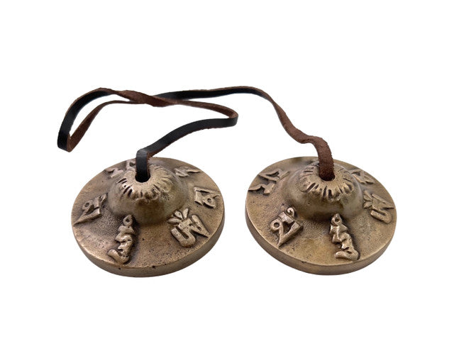 Tibetan Gong Tingsha Cymbals - Intricate Auspicious Symbol Design