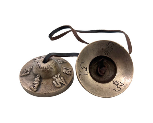 Tibetan Gong Tingsha Cymbals - Intricate Auspicious Symbol Design